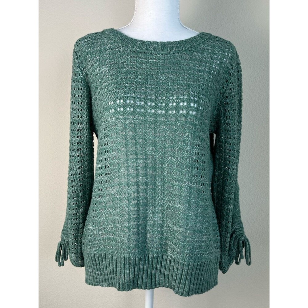 Maurices Open Knit Sweater L Green Lightweight Boho Tie Sleeve Pullover Coastal